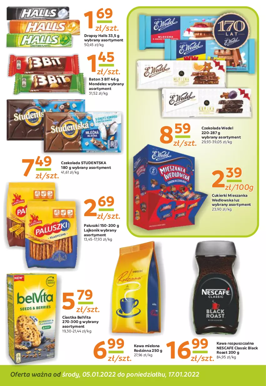 Gazetka promocyjna Gama - Gazetka Gama - ważna 05.01 do 17.01.2022 - strona 4 - produkty: Baton, BelVita, Ciastka, Cukier, Cukierki, Czekolada, Halls, Kawa, Kawa mielona, Kawa rozpuszczalna, Lack, Lajkonik, Mieszanka wedlowska