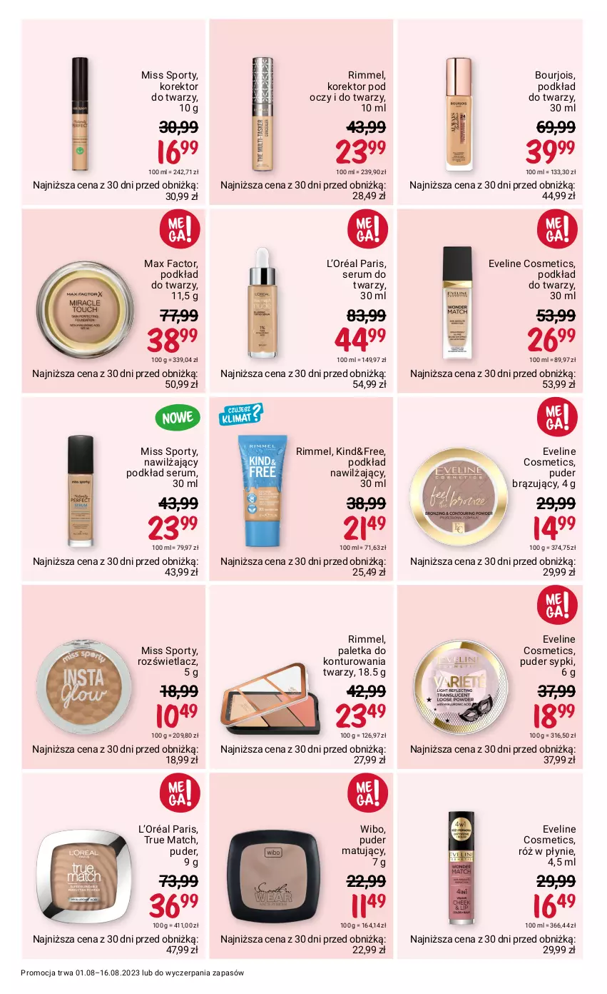 Gazetka promocyjna Rossmann - 1 sierpnia - ważna 01.08 do 16.08.2023 - strona 10 - produkty: Bourjois, Eveline, Fa, Korektor do twarzy, L’Oréal, Max Factor, Miss Sporty, Podkład, Podkład do twarzy, Por, Puder, Rozświetlacz, Rum, Ser, Serum, Serum do twarzy, Sport, Wibo