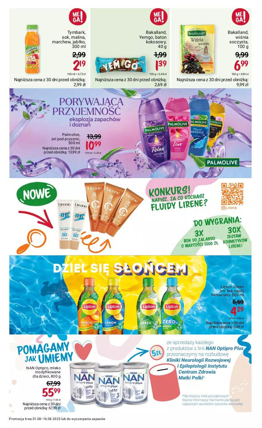 Gazetka promocyjna Rossmann - 1 sierpnia - ważna 01.08 do 16.08.2023 - strona 14 - produkty: Bakalland, Baton, Dzieci, Ice tea, Kokos, Lipton, Mleko, Mleko modyfikowane, NAN Optipro, Napój, Palmolive, Sok, Tymbark