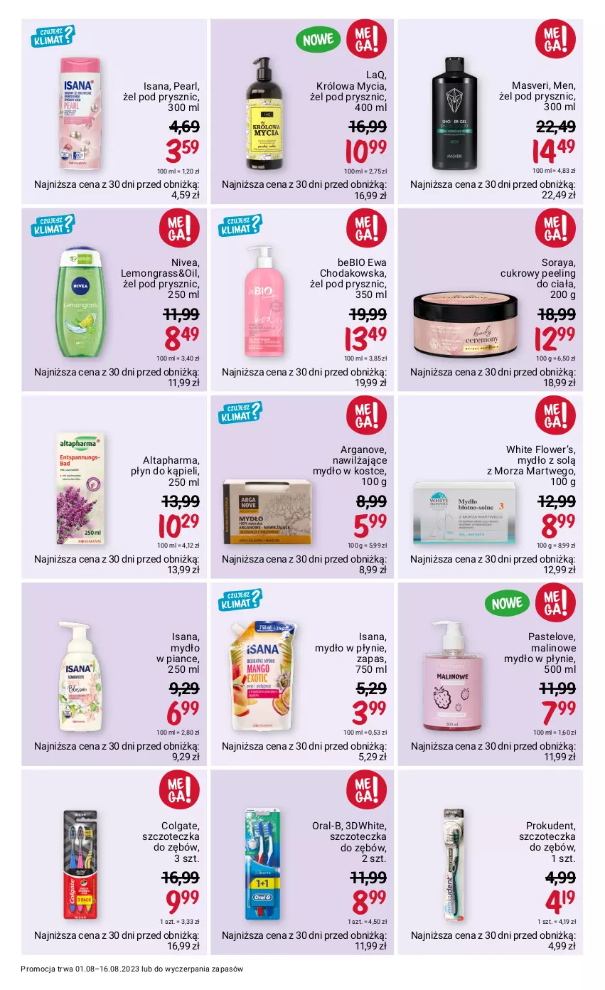 Gazetka promocyjna Rossmann - 1 sierpnia - ważna 01.08 do 16.08.2023 - strona 4 - produkty: Colgate, Cukrowy peeling, Gra, Isana, LG, Mydło, Mydło w płynie, Nivea, Peeling, Płyn do kąpieli, Prokudent, Szczoteczka, Szczoteczka do zębów