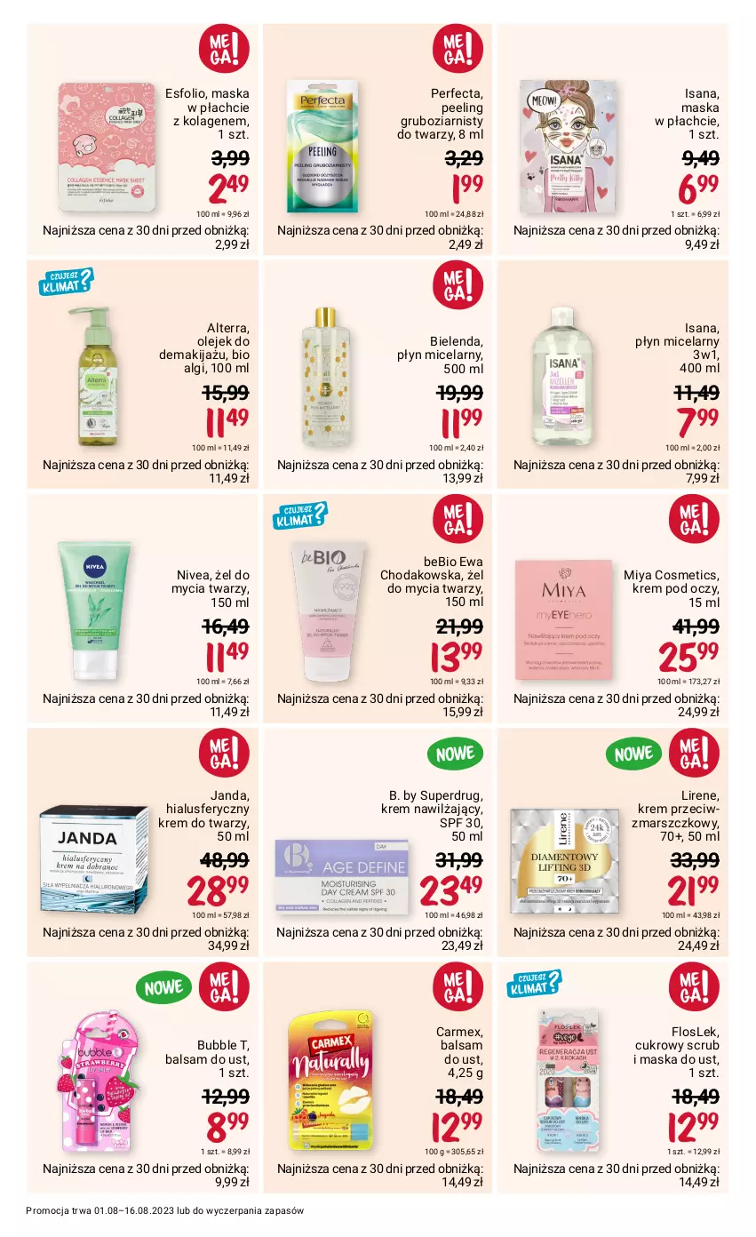 Gazetka promocyjna Rossmann - 1 sierpnia - ważna 01.08 do 16.08.2023 - strona 8 - produkty: Alterra, Balsam do ust, Bielenda, Isana, Kolagen, Krem do twarzy, Krem nawilżający, Krem pod oczy, Krem przeciwzmarszczkowy, LG, Lirene, Makijaż, Mars, Maska, Maska w płachcie, Miya Cosmetics, Nivea, Olej, Olejek do demakijażu, Peeling, Perfecta, Płyn micelarny