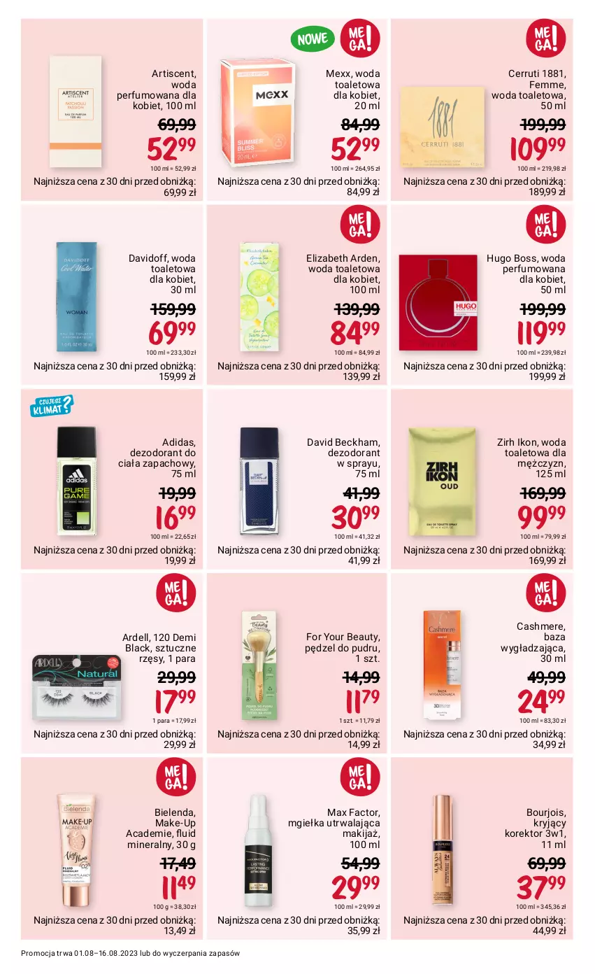 Gazetka promocyjna Rossmann - 1 sierpnia - ważna 01.08 do 16.08.2023 - strona 9 - produkty: Adidas, Bielenda, Bourjois, Cerruti, David Beckham, Davidoff, Dell, Dezodorant, Elizabeth Arden, Fa, For Your Beauty, Hugo Boss, Lack, Makijaż, Max Factor, Mexx, Pędzel do pudru, Perfum, Sztuczne rzęsy, Woda, Woda perfumowana, Woda toaletowa