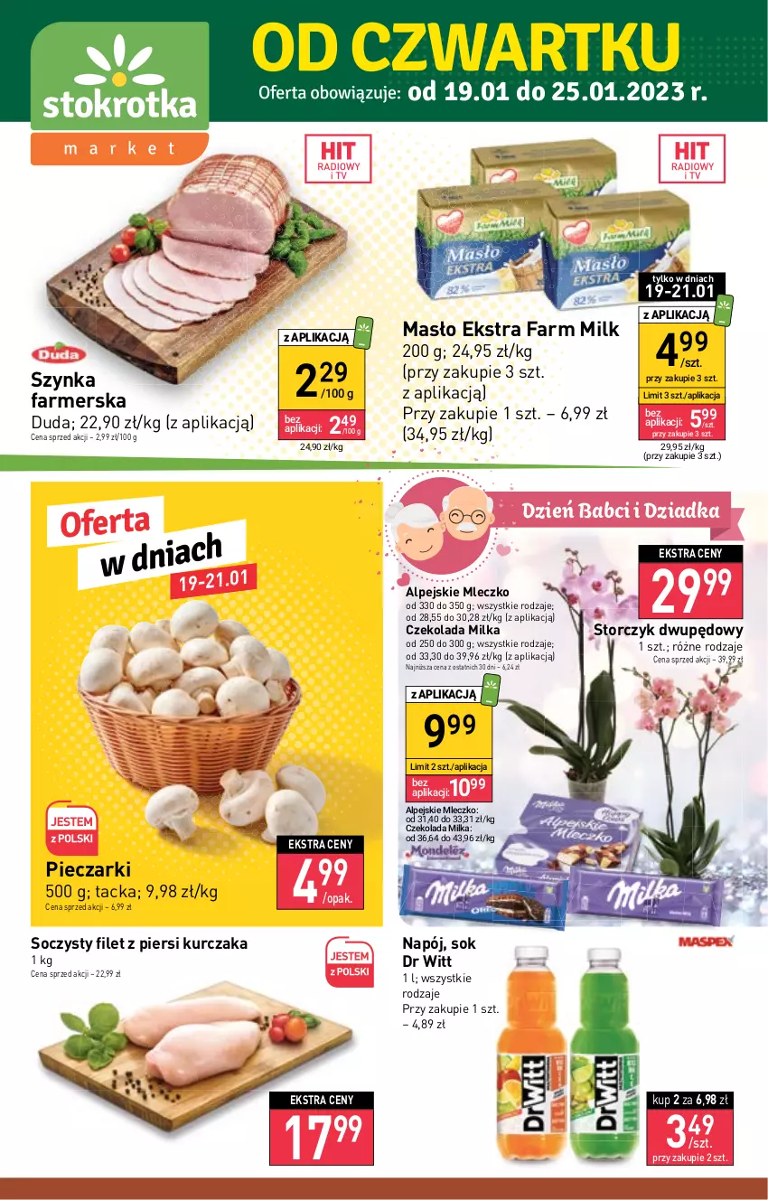 Gazetka promocyjna Stokrotka - Market - ważna 19.01 do 25.01.2023 - strona 1 - produkty: Czekolada, Duda, Fa, Farm Milk, Filet z piersi kurczaka, Kurczak, Masło, Milka, Mleczko, Napój, Piec, Sok, Storczyk, Szynka, Szynka farmerska