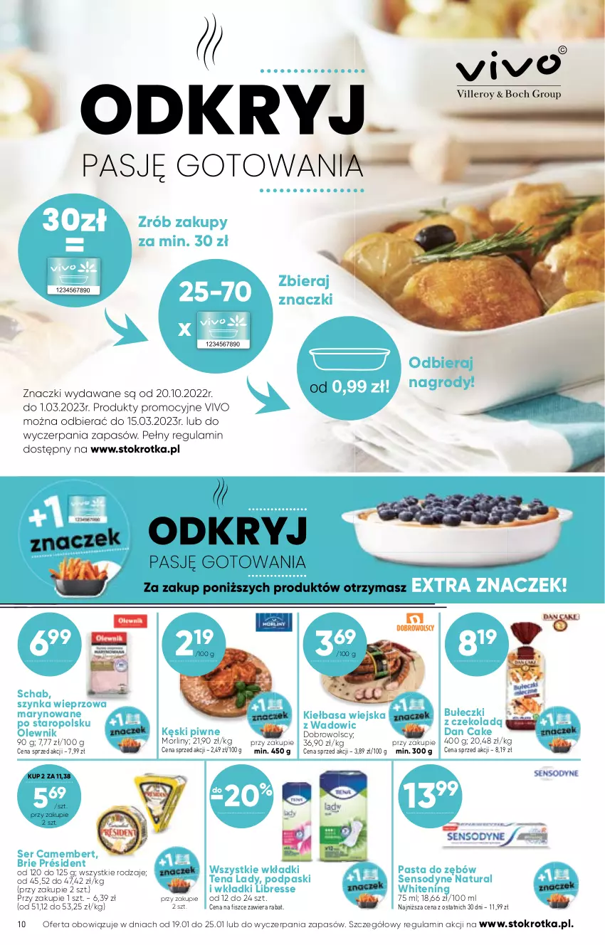 Gazetka promocyjna Stokrotka - Market - ważna 19.01 do 25.01.2023 - strona 10 - produkty: Brie, Bułeczki, Camembert, Dan Cake, Kęski piwne, Kiełbasa, Kiełbasa wiejska, Morliny, Olewnik, Pasta do zębów, Podpaski, Président, Sensodyne, Ser, Szynka, Szynka wieprzowa, Wkładki