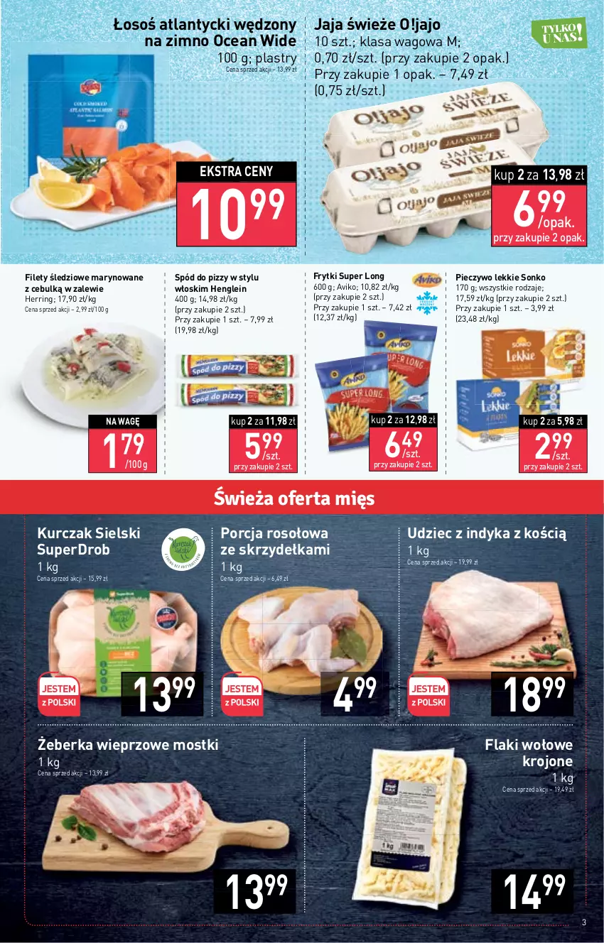 Gazetka promocyjna Stokrotka - Market - ważna 19.01 do 25.01.2023 - strona 3 - produkty: Flaki, Flaki wołowe, Frytki, Jaja, Kurczak, Piec, Pieczywo, Por, Sonko, Spód do pizzy, Udziec z indyka