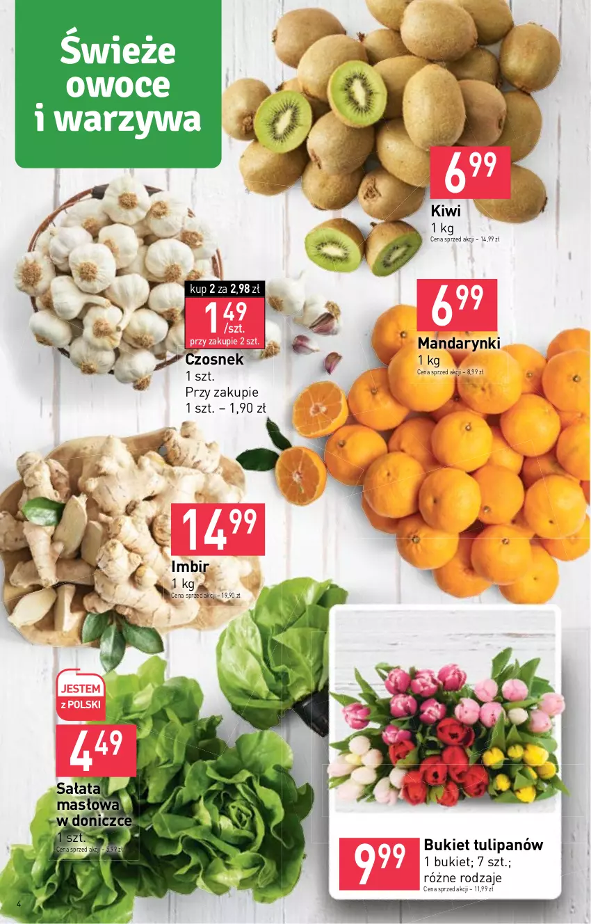 Gazetka promocyjna Stokrotka - Market - ważna 19.01 do 25.01.2023 - strona 4 - produkty: Bukiet, Czosnek, Imbir, Kiwi, Mandarynki, Masło, Owoce, Sałat, Sałata masłowa, Tulipan, Warzywa