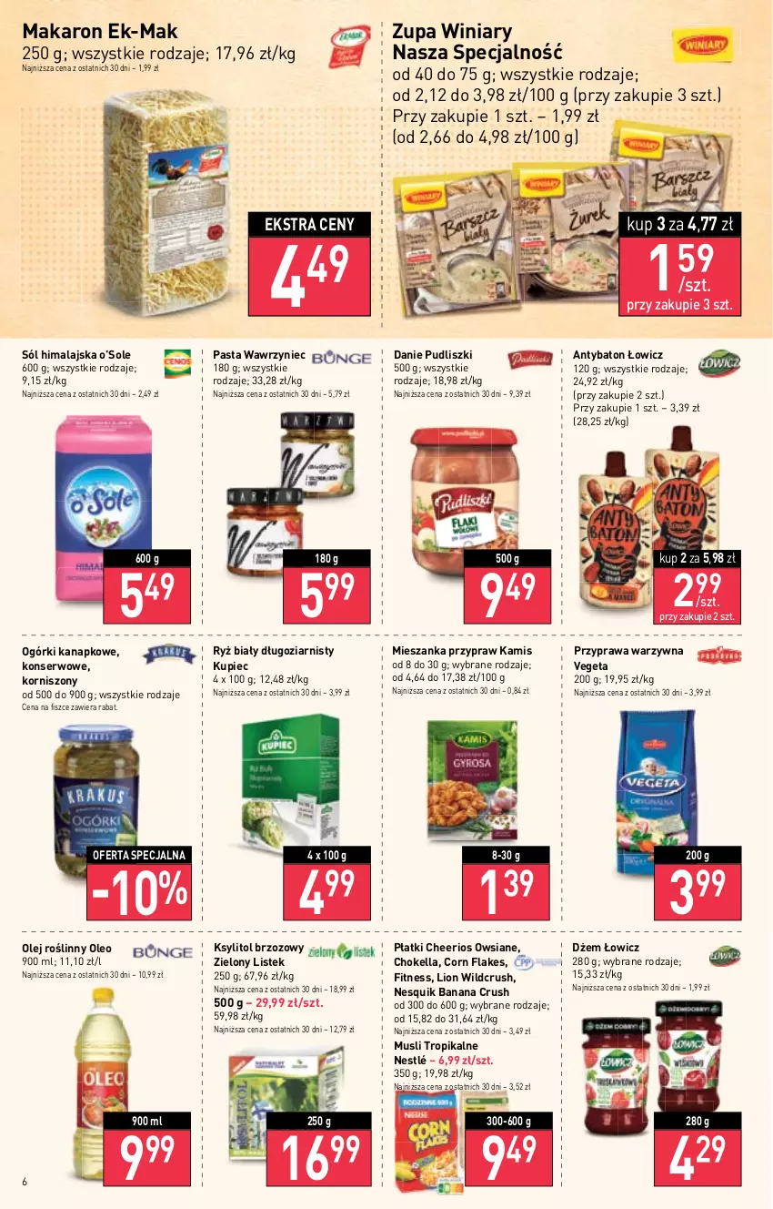 Gazetka promocyjna Stokrotka - Market - ważna 19.01 do 25.01.2023 - strona 6 - produkty: Baton, Cheerios, Corn flakes, Dżem, Kamis, Korniszony, Ksylitol, Kupiec, Lion, Makaron, Mus, Nesquik, Nestlé, Olej, Olej roślinny, Oleo, Piec, Pudliszki, Ryż, Ryż biały, Ser, Sól, Sól himalajska, Stek, Vegeta, Winiary, Zupa