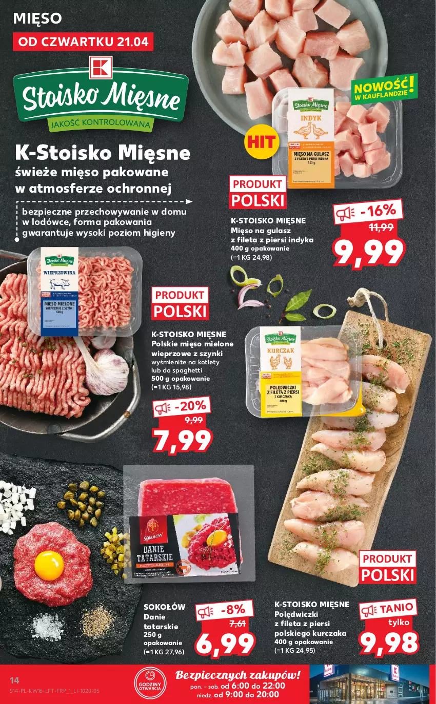 Gazetka promocyjna Kaufland - OFERTA TYGODNIA - ważna 21.04 do 26.04.2022 - strona 14 - produkty: Kotlet, Kurczak, Mięso, Mięso mielone, Mięso na gulasz, Piec, Sok, Sokołów, Spaghetti