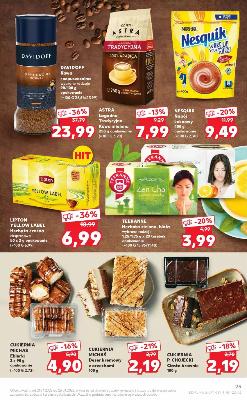 Gazetka promocyjna Kaufland - OFERTA TYGODNIA - ważna 21.04 do 26.04.2022 - strona 25 - produkty: Brownie, Cukier, Davidoff, Deser, Herbata, Herbata czarna, Kakao, Kawa, Kawa mielona, Kawa rozpuszczalna, Lipton, Napój, Nesquik, Ser, Teekanne