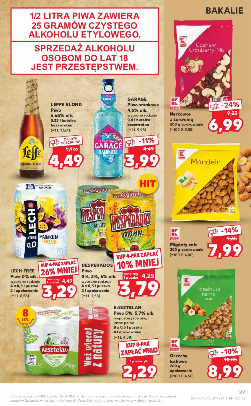 Gazetka promocyjna Kaufland - OFERTA TYGODNIA - ważna 21.04 do 26.04.2022 - strona 27 - produkty: Desperados, Gra, Kasztelan, Migdały, Piwa, Piwo