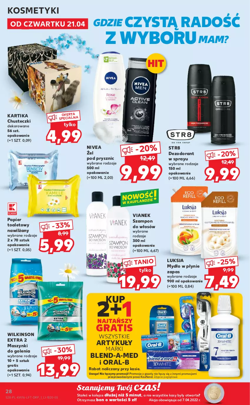 Gazetka promocyjna Kaufland - OFERTA TYGODNIA - ważna 21.04 do 26.04.2022 - strona 28 - produkty: Blend-a-Med, Chusteczki, Dezodorant, Gra, Luksja, Mydło, Mydło w płynie, Nivea, Olej, Papier, Papier toaletowy, Str8, Szampon, Waga