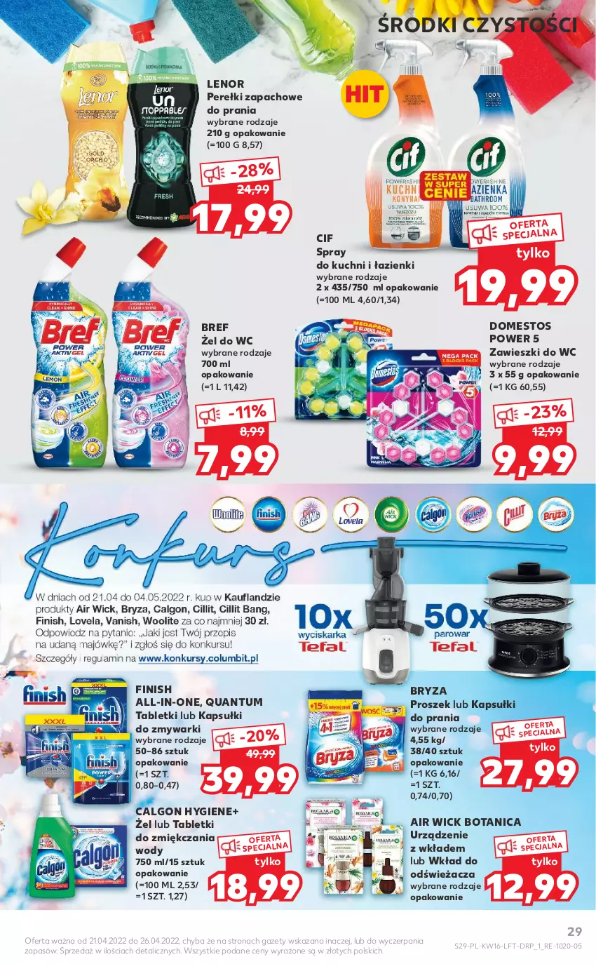 Gazetka promocyjna Kaufland - OFERTA TYGODNIA - ważna 21.04 do 26.04.2022 - strona 29 - produkty: Air Wick, Bref, Bryza, Calgon, Cif, Domestos, Finish, Kapsułki do prania, Lenor, LG, Perełki zapachowe, Tablet, Zawieszki, Zmywarki