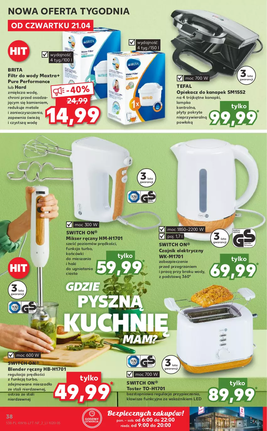 Gazetka promocyjna Kaufland - OFERTA TYGODNIA - ważna 21.04 do 26.04.2022 - strona 38 - produkty: Blender, Blender ręczny, Brit, Brita, Czajnik, Czajnik elektryczny, Fa, Mieszadło, Mikser, Mikser ręczny, Opiekacz do kanapek, Piec, Pur, Ser, Tefal, Top, Toster