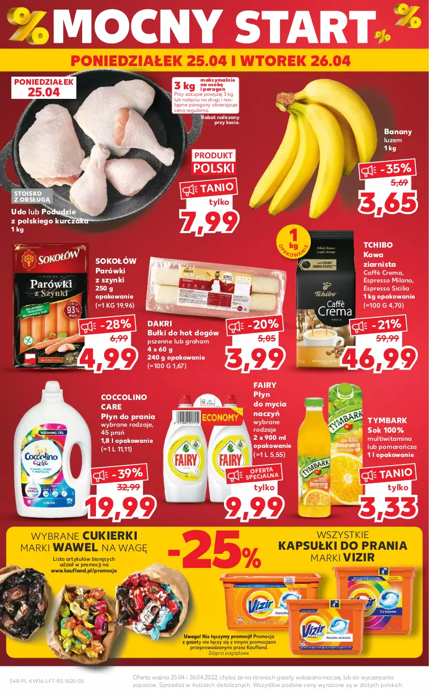 Gazetka promocyjna Kaufland - OFERTA TYGODNIA - ważna 21.04 do 26.04.2022 - strona 48 - produkty: Banany, Bułki do hot dogów, Coccolino, Cukier, Cukierki, Do mycia naczyń, Fa, Fairy, Gra, Hot dog, Kapsułki do prania, Kawa, Kawa ziarnista, Kurczak, Parówki, Parówki z szynki, Płyn do mycia, Płyn do mycia naczyń, Płyn do prania, Sok, Sokołów, Tchibo, Tymbark, Vizir, Waga, Wawel