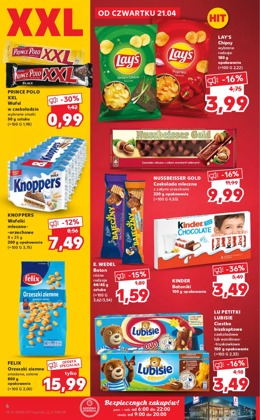 Gazetka promocyjna Kaufland - OFERTA TYGODNIA - ważna 21.04 do 26.04.2022 - strona 6 - produkty: Baton, Chipsy, Ciastka, Czekolada, Czekolada mleczna, E. Wedel, Felix, Kinder, Knoppers, Lubisie, Orzeszki, Orzeszki ziemne, Piec, Prince Polo, Ser, Tonik