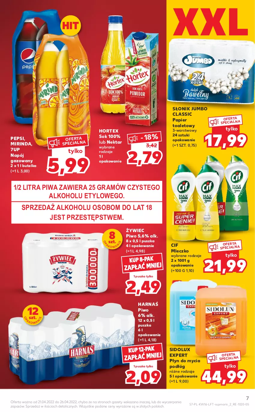 Gazetka promocyjna Kaufland - OFERTA TYGODNIA - ważna 21.04 do 26.04.2022 - strona 7 - produkty: 7up, Cif, Gra, Harnaś, Hortex, Mirinda, Mleczko, Napój, Napój gazowany, Nektar, Papier, Papier toaletowy, Pepsi, Piwa, Piwo, Płyn do mycia, Płyn do mycia podłóg, Sidolux, Sok