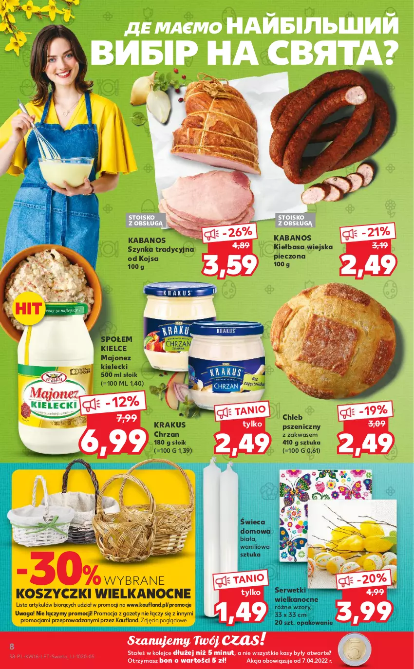 Gazetka promocyjna Kaufland - OFERTA TYGODNIA - ważna 21.04 do 26.04.2022 - strona 8 - produkty: Chleb, Chrzan, Kabanos, Kiełbasa, Kiełbasa wiejska, Kosz, Krakus, Majonez, Olej, Piec, Ser, Serwetki, Szynka, Waga