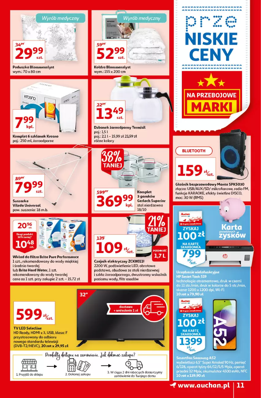 Gazetka promocyjna Auchan - przeNISKIE CENY na przebojowe marki Hipermarkety - ważna 10.02 do 16.02.2022 - strona 11 - produkty: Amol, Brit, Brita, Clin, Czajnik, Czajnik elektryczny, Dzbanek, Głośnik, HD ready, Kołdra, Manta, Mikrofon, Poduszka, Por, Pur, Skaner, Suszarka, Vileda