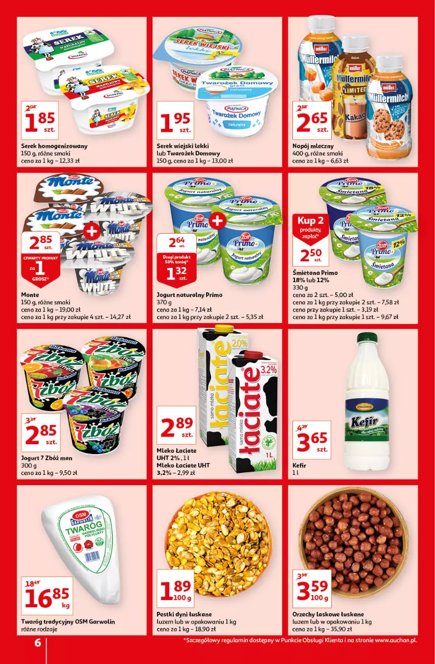 Gazetka promocyjna Auchan - przeNISKIE CENY na przebojowe marki Hipermarkety - ważna 10.02 do 16.02.2022 - strona 6 - produkty: Jogurt, Jogurt naturalny, Kefir, Mleko, Monte, Napój, Napój mleczny, Pestki dyni, Ser, Serek, Serek homogenizowany, Serek wiejski, Twaróg