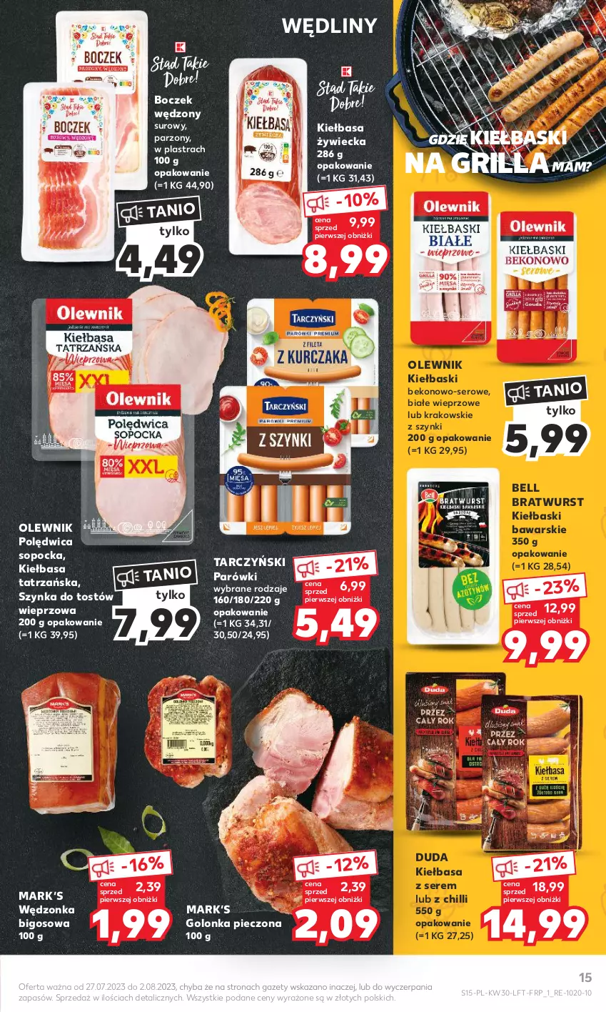 Gazetka promocyjna Kaufland - Gazetka tygodnia - ważna 27.07 do 02.08.2023 - strona 15 - produkty: Beko, Bell, Bigos, Boczek, Duda, Golonka pieczona, Grill, Kiełbasa, Olewnik, Parówki, Piec, Polędwica, Ser, Szynka, Tarczyński