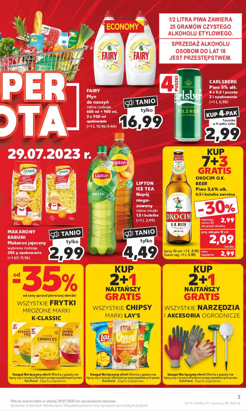 Gazetka promocyjna Kaufland - Gazetka tygodnia - ważna 27.07 do 02.08.2023 - strona 3 - produkty: Babuni, Carlsberg, Chipsy, Fa, Fairy, Frytki, Gra, Ice tea, Koc, Lipton, Makaron, Napój, Napój niegazowany, Okocim, Piwa, Piwo, Waga