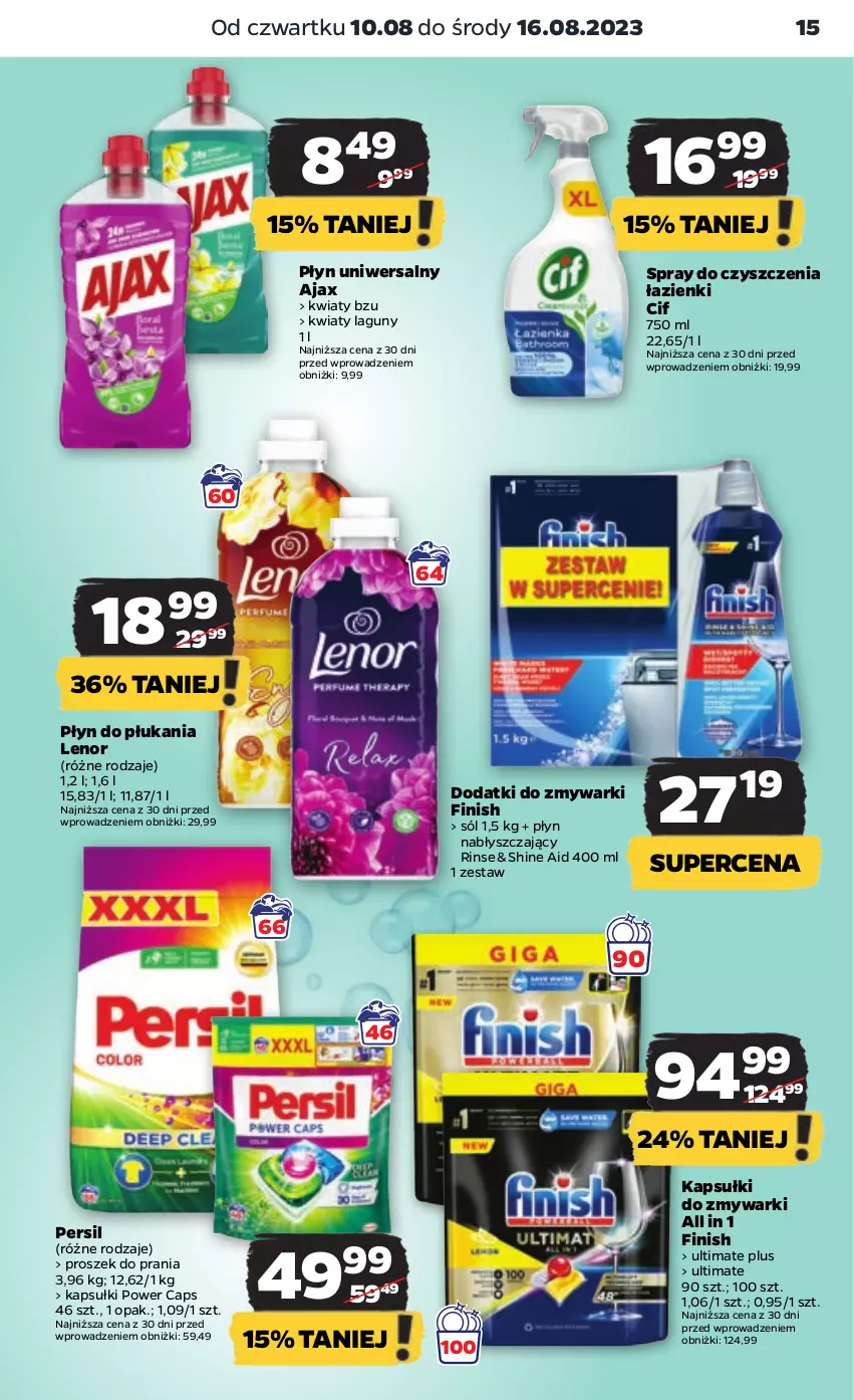 Gazetka promocyjna Netto - Artykuły spożywcze - ważna 10.08 do 16.08.2023 - strona 15 - produkty: Ajax, Cif, Finish, Lenor, Persil, Płyn do płukania, Płyn nabłyszczający, Proszek do prania, Sól, Spray do czyszczenia, Zmywarki