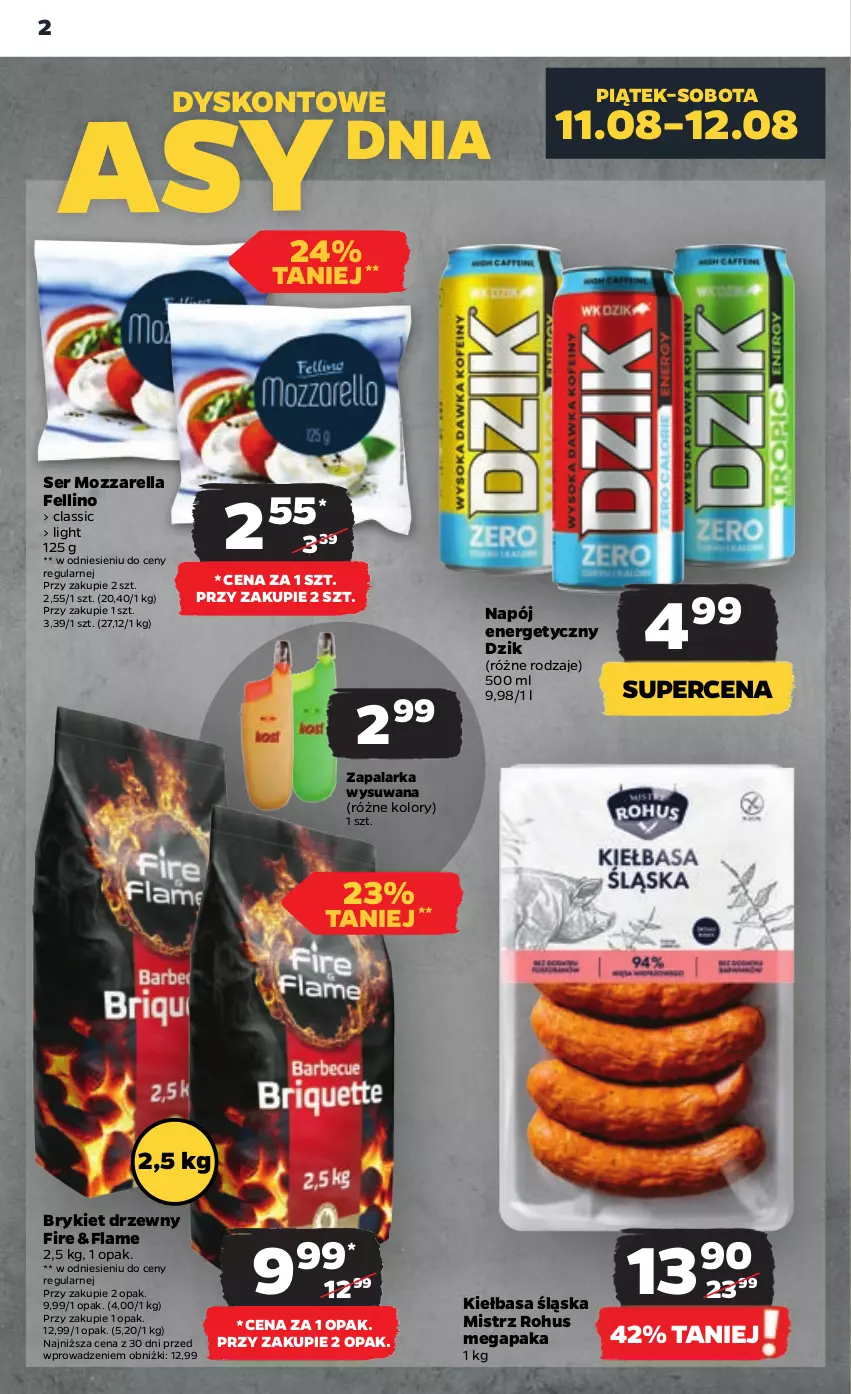 Gazetka promocyjna Netto - Artykuły spożywcze - ważna 10.08 do 16.08.2023 - strona 2 - produkty: Brykiet drzewny, Kiełbasa, Kiełbasa śląska, Mozzarella, Napój, Napój energetyczny, Ser, Zapalarka