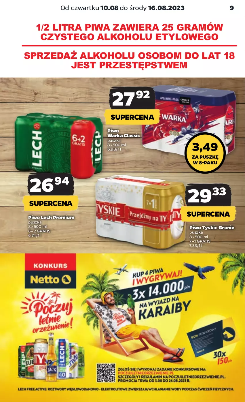 Gazetka promocyjna Netto - Artykuły spożywcze - ważna 10.08 do 16.08.2023 - strona 9 - produkty: Gra, Lech Premium, Piwa, Piwo, Tyskie, Warka