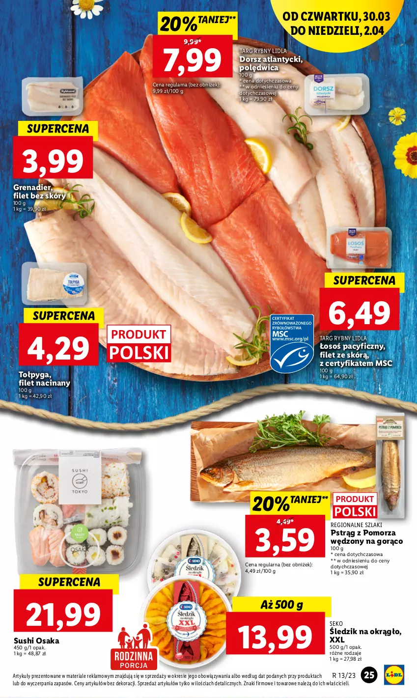 Gazetka promocyjna Lidl - GAZETKA - ważna 30.03 do 02.04.2023 - strona 25 - produkty: Dorsz, Grenadier, Polędwica, Pstrąg, SEKO, Sushi, Tołpyga