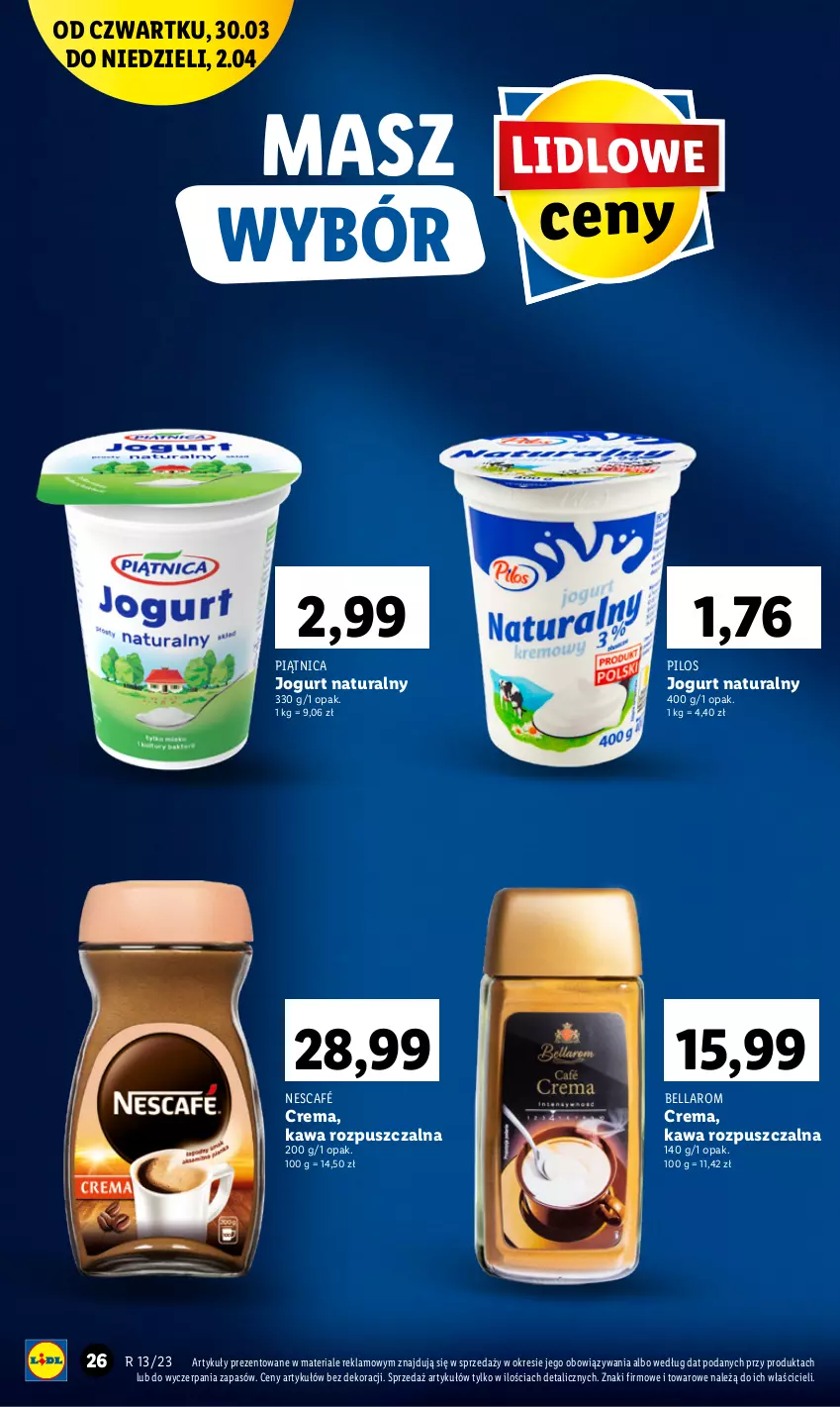 Gazetka promocyjna Lidl - GAZETKA - ważna 30.03 do 02.04.2023 - strona 26 - produkty: Bell, Bella, Jogurt, Jogurt naturalny, Kawa, Kawa rozpuszczalna, Nescafé, Piątnica, Pilos