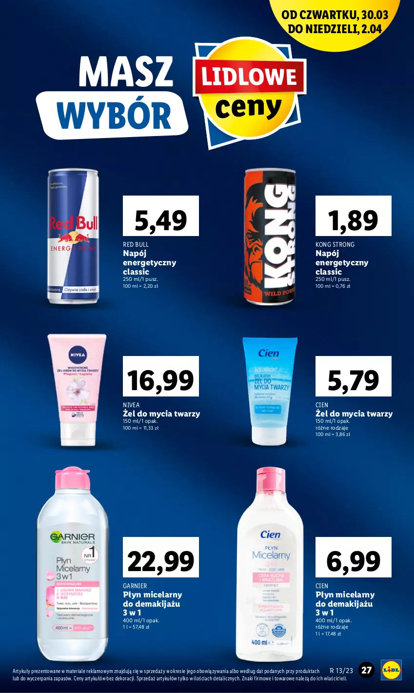 Gazetka promocyjna Lidl - GAZETKA - ważna 30.03 do 02.04.2023 - strona 27 - produkty: Garnier, Makijaż, Napój, Napój energetyczny, Nivea, Płyn micelarny, Red Bull