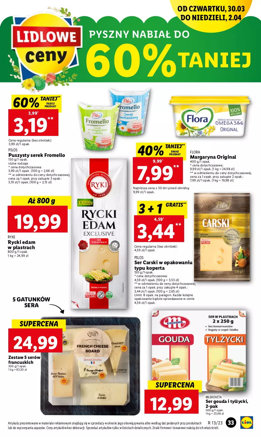 Gazetka promocyjna Lidl - GAZETKA - ważna 30.03 do 02.04.2023 - strona 33 - produkty: Cars, Edam, Flora, Gin, Gouda, Gra, Margaryna, Mleko, Mlekovita, Olej, Pilos, Rycki Edam, Ser, Serek