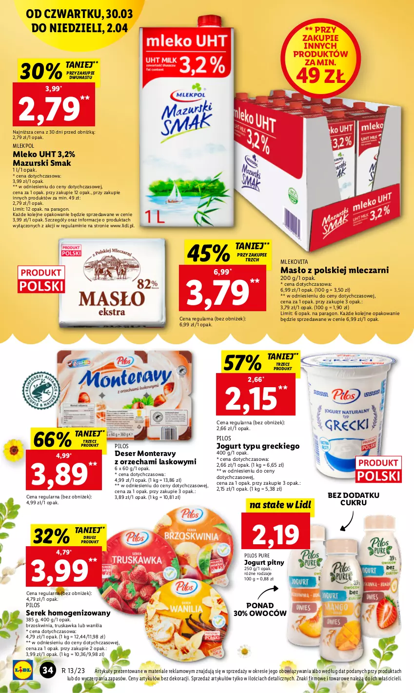 Gazetka promocyjna Lidl - GAZETKA - ważna 30.03 do 02.04.2023 - strona 34 - produkty: Deser, Jogurt, Jogurt pitny, Masło, Mleko, Mlekovita, Monte, Olej, Pilos, Pur, Ser, Serek, Serek homogenizowany, Tera