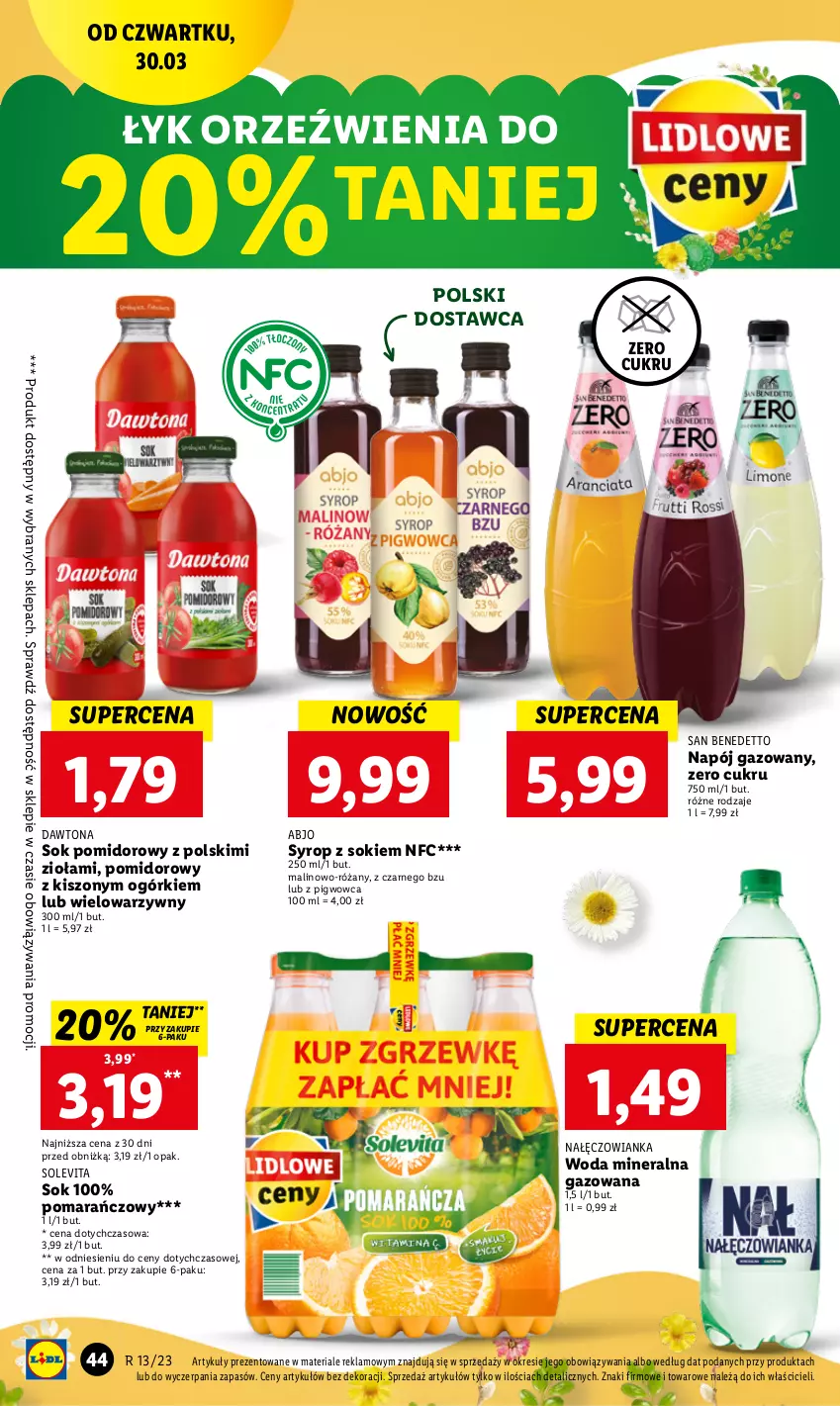 Gazetka promocyjna Lidl - GAZETKA - ważna 30.03 do 02.04.2023 - strona 44 - produkty: Dawtona, Nałęczowianka, Napój, Napój gazowany, Róża, Sok, Sok pomidorowy, Syrop, Woda, Woda mineralna