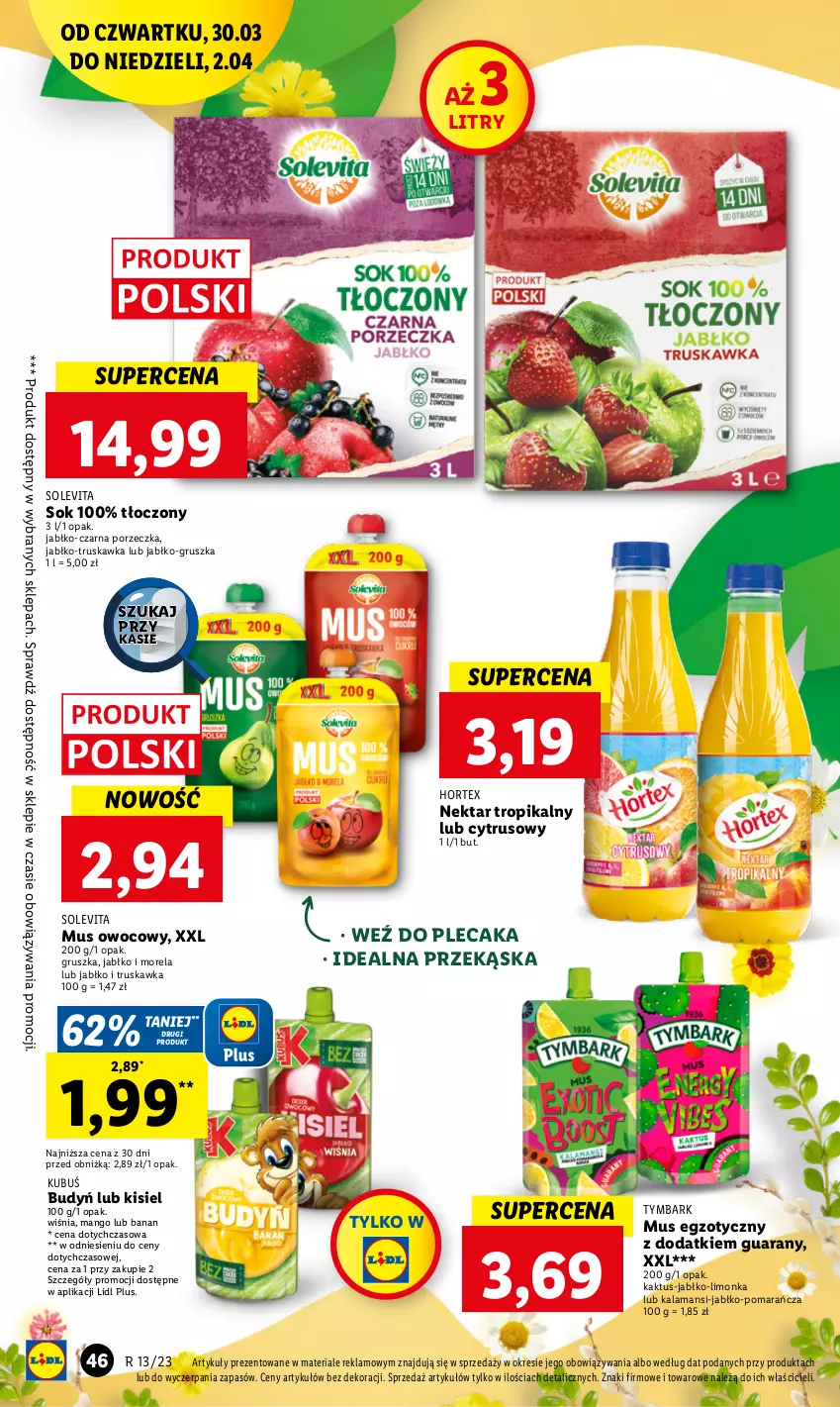 Gazetka promocyjna Lidl - GAZETKA - ważna 30.03 do 02.04.2023 - strona 46 - produkty: Budyń, Hortex, Kaktus, Kisiel, Kubuś, Limonka, Mango, Morela, Mus, Nektar, Plecak, Por, Sok, Tymbark