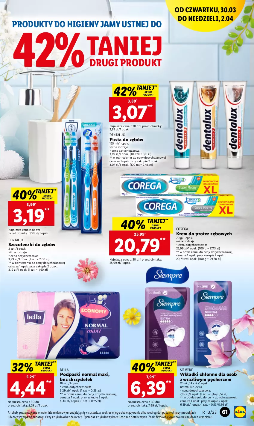 Gazetka promocyjna Lidl - GAZETKA - ważna 30.03 do 02.04.2023 - strona 61 - produkty: Bell, Bella, Corega, Pasta do zębów, Podpaski, Wkładki