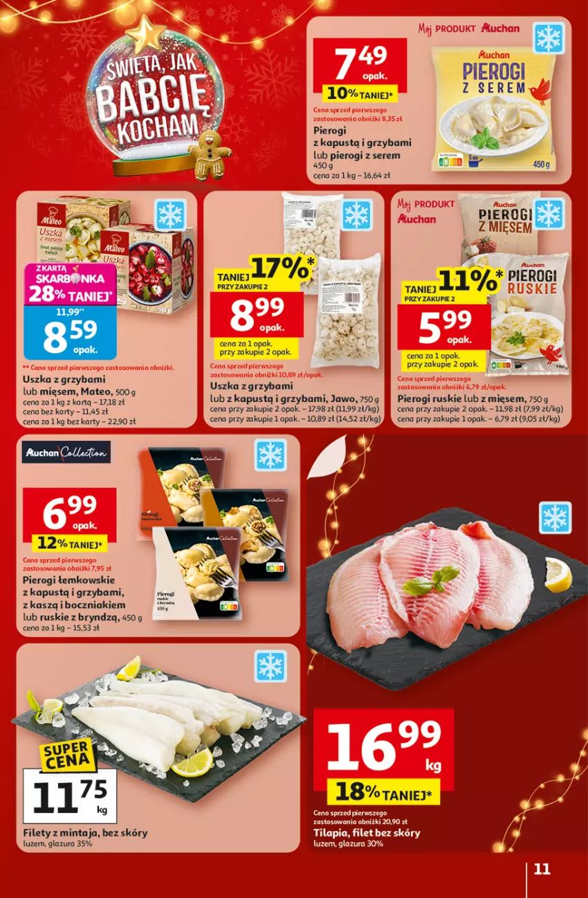 Gazetka promocyjna Auchan - Gazetka Święta jak babcię kocham Hipermarket Auchan - ważna 18.12 do 23.12.2025 - strona 11 - produkty: Boczniak, Glazura, Kapustą, Lazur, Mintaj, Pierogi, Ser