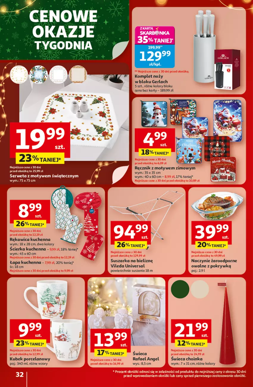 Gazetka promocyjna Auchan - Gazetka Święta jak babcię kocham Hipermarket Auchan - ważna 18.12 do 23.12.2025 - strona 32 - produkty: Choinka, Fa, Inka, Kubek, Naczynie żaroodporne, Noż, Por, Ręcznik, Rękawica kuchenna, Suszarka, Vileda