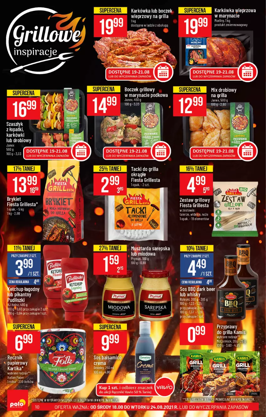 Gazetka promocyjna PoloMarket - Gazetka pomocyjna - ważna 18.08 do 24.08.2021 - strona 10 - produkty: Boczek, Grill, Karkówka wieprzowa, Ketchup, Morliny, Mus, Musztarda, Noż, Papier, Przyprawy, Pudliszki, Talerz, Whisky