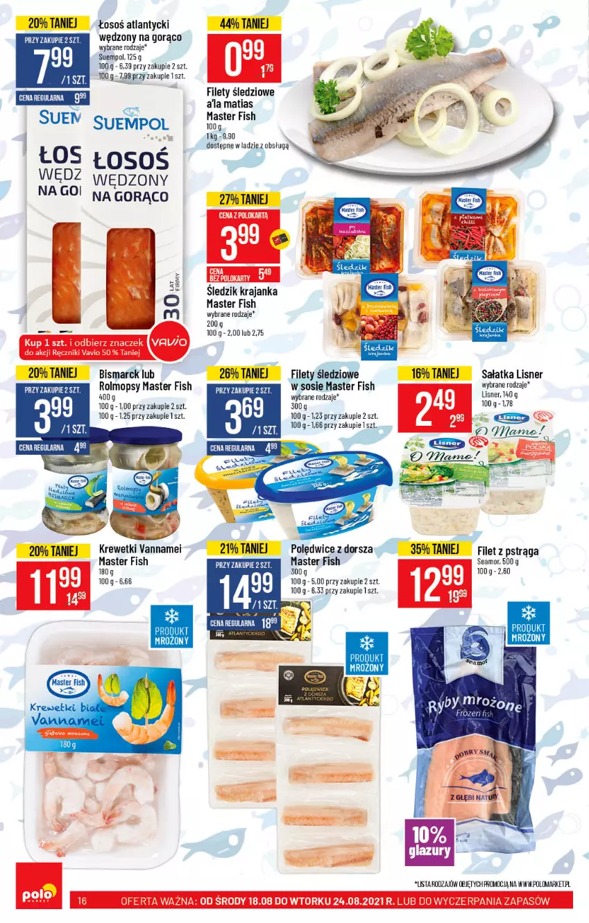 Gazetka promocyjna PoloMarket - Gazetka pomocyjna - ważna 18.08 do 24.08.2021 - strona 16 - produkty: Dorsz, Filet z pstrąga, Frozen, Krewetki, Lisner, Pstrąg, Sałat, Sałatka, Sos, Suempol