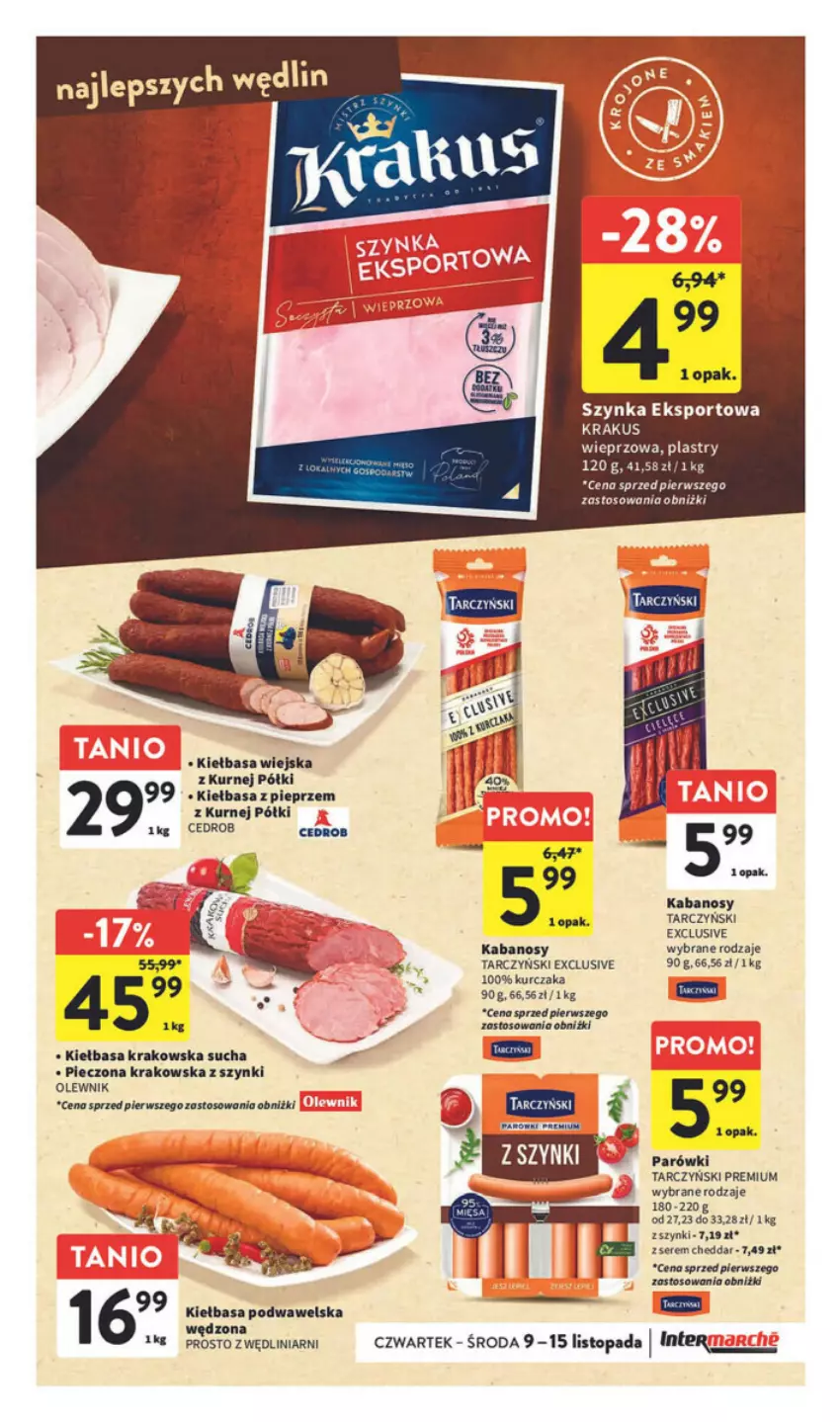 Gazetka promocyjna Intermarche - ważna 09.11 do 15.11.2023 - strona 14 - produkty: Fa, Foremki, Kabanos, Kiełbasa, Kiełbasa krakowska, Kiełbasa podwawelska, Kiełbasa wiejska, Krakus, Kurczak, Olewnik, Parówki, Piec, Pieprz, Por, Sport, Szynka, Tarczyński, Top, Warka, Wawel