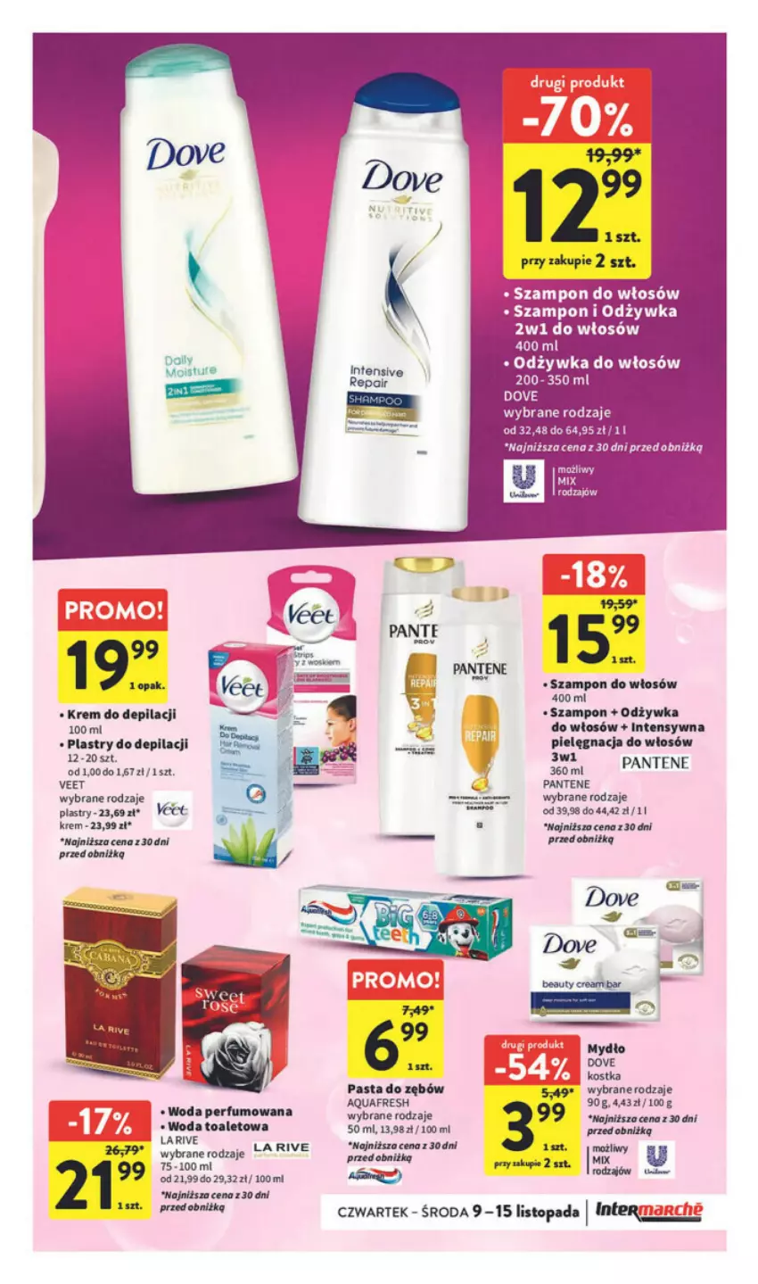 Gazetka promocyjna Intermarche - ważna 09.11 do 15.11.2023 - strona 33 - produkty: Aquafresh, Dove, Krem do depilacji, Odżywka, Pantene, Pasta do zębów, Perfum, Piec, Plastry do depilacji, Szampon, Top, Veet, Woda, Woda perfumowana, Woda toaletowa