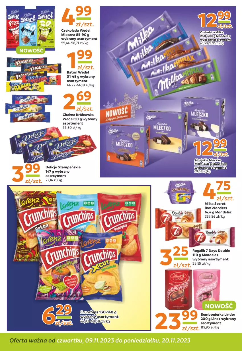 Gazetka promocyjna Gama - Gazetka Gama - ważna 20.11.2023 do 09.11.2024 - strona 4 - produkty: 7 Days, Baton, Chałwa, Crunchips, Czekolada, Delicje, Lindor, Lindt, Milka, Mleczko, Rogal