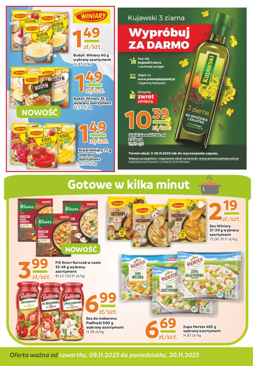 Gazetka promocyjna Gama - Gazetka Gama - ważna 20.11.2023 do 09.11.2024 - strona 8 - produkty: Budyń, Hortex, Kisiel, Knorr, Kujawski, Kurczak, Makaron, Olej, Pudliszki, Sos, Sos do makaronu, Winiary, Zupa