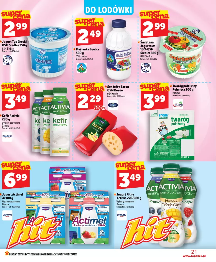 Gazetka promocyjna Topaz - Gazetka - ważna 23.07 do 29.07.2026 - strona 21 - produkty: Actimel, Activia, Danone, Jogurt, Kefir, Maślanka, Miecz, Nuty, Ser, Top, Twaróg, Twaróg półtłusty