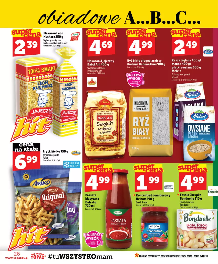 Gazetka promocyjna Topaz - Gazetka - ważna 23.07 do 29.07.2026 - strona 26 - produkty: Babuni, Bonduelle, Fa, Fasola, Frytki, Kasza, Kasza jaglana, Kuchnia, LANA, Leon, Makaron, Płatki owsiane, Pomidory, Ryż, Ryż biały, Ser, Top