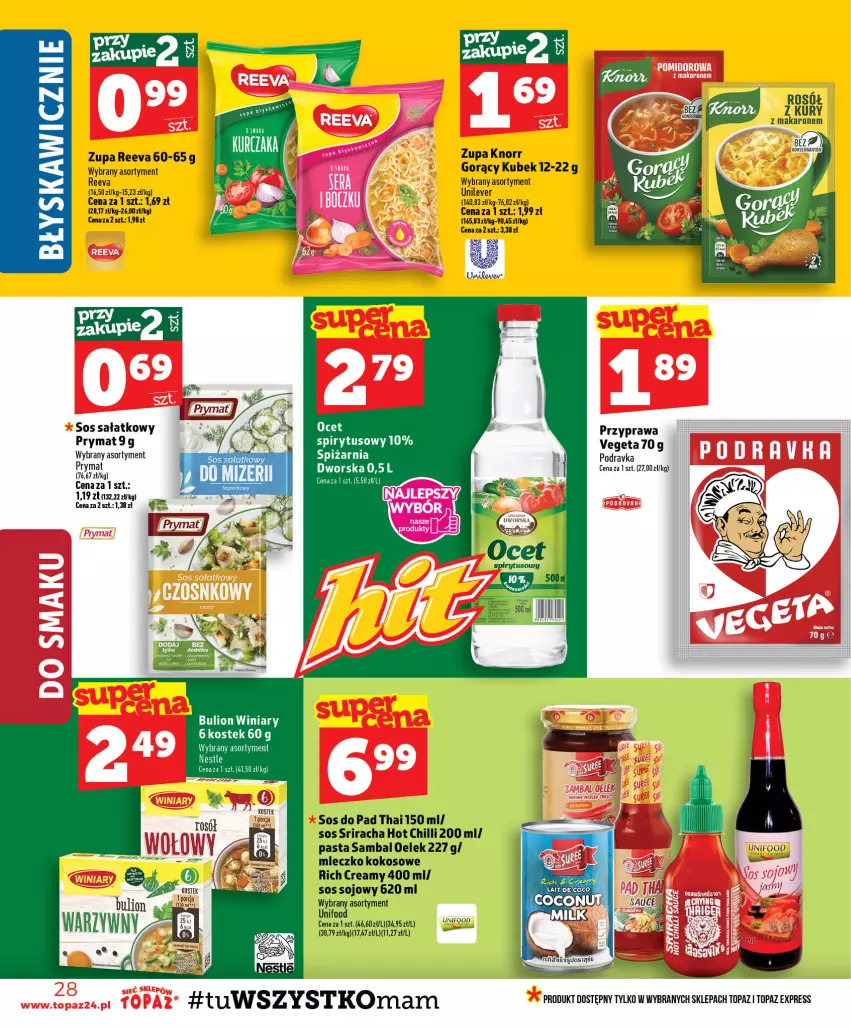 Gazetka promocyjna Topaz - Gazetka - ważna 23.07 do 29.07.2026 - strona 28 - produkty: Bulion, Knorr, Kokos, Kubek, Lion, Makaron, Mleczko, Ocet, Podravka, Prymat, Rosół, Sałat, Ser, Sos, Sos sojowy, Stek, Top, Vegeta, Winiary, Zupa