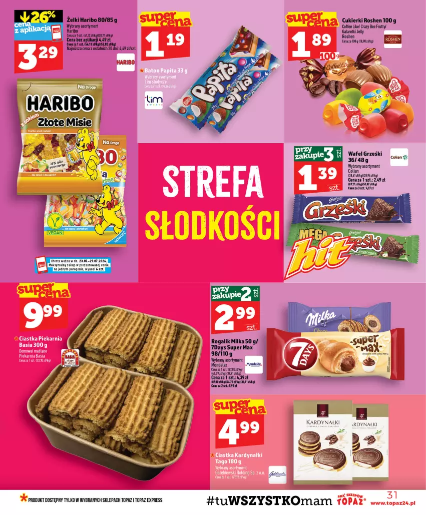Gazetka promocyjna Topaz - Gazetka - ważna 23.07 do 29.07.2026 - strona 31 - produkty: Cukier, Cukierki, Grześki, Haribo, Milka, Rogal, Top