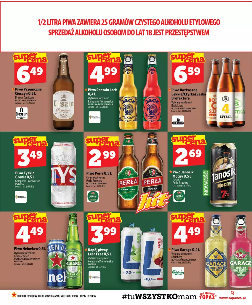 Gazetka promocyjna Topaz - Gazetka - ważna 23.07 do 29.07.2026 - strona 9 - produkty: Captain Jack, Carlsberg, Fa, Heineken, Kosz, Perła, Piwo, Top, Tyskie