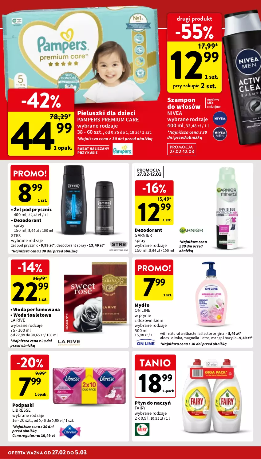 Gazetka promocyjna Intermarche - Gazetka Intermarche - ważna 27.02 do 05.03.2025 - strona 36 - produkty: Bazyl, Bazylia, Dezodorant, Dozownik, Dzieci, Fa, Fairy, Garnier, Gin, La Rive, Mango, Mydło, Nivea, Pampers, Perfum, Podpaski, Str8, Szampon, Woda, Woda perfumowana, Woda toaletowa